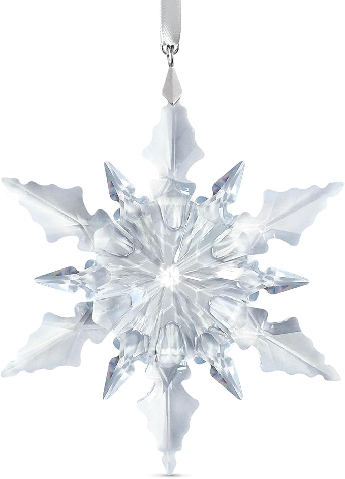 Crystal Snowflake Ornament, Clear Faceted Crystal Ornament with Chain and Rayon Ribbons, Christmas Tree Hanging Decoratio...
