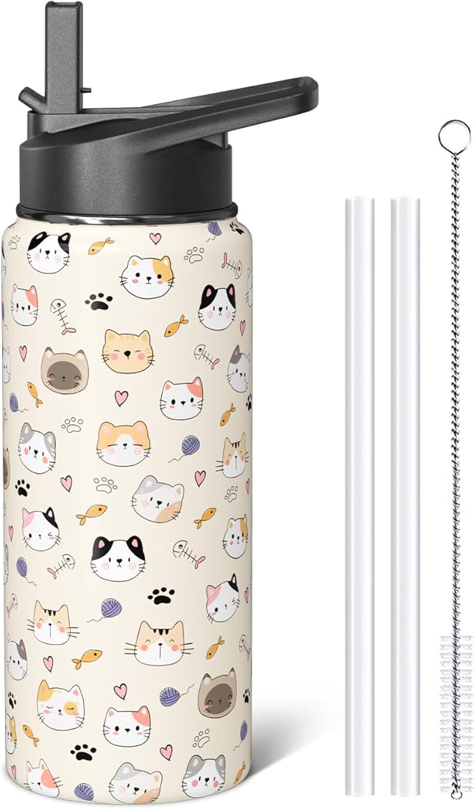Sabobo 18oz Cats Water Bottles with Flip Straw & Spout Lid, Double Wall Stainless Steel Travel Sport Bottle, Cream Gym Gif...