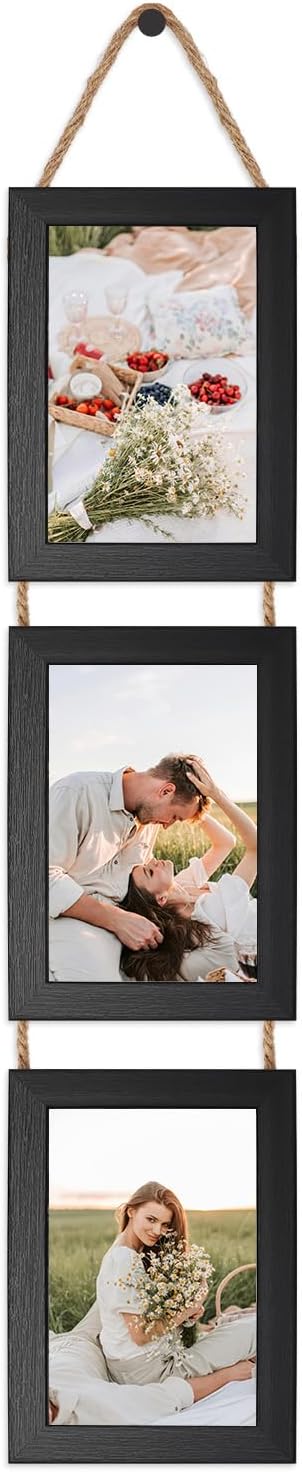 QUTREY 4x6 Picture Frames Collage Black, 3 Openings 4 x 6 Vertical Hanging Photo Frames Display 4 by 6 inch Pictures for W...