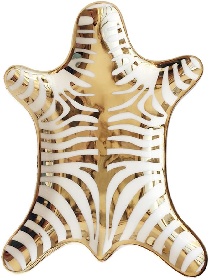 NUYKOUY Zebra Stripe Jewelry Tray Ceramic Dishes Plate Gilded 5.9", Gold