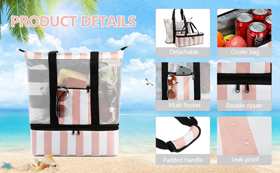 Bluboon Mesh Beach Tote Bag with Cooler Compartment Insulated Detachable Picnic Bag with Zipper and Pocket Pool Bag for Women