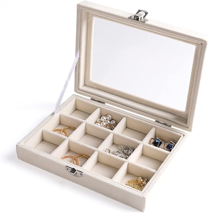 Frebeauty Jewelry Organizer Tray with Clear Lid - 12 Grid Velvet Drawer Insert Storage Box - Transparent Lid Display Case...
