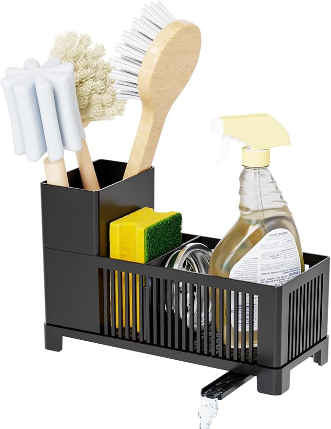 Sink Caddy & Kitchen Sink Organizer,Black Sponge Holder with High Scrub Brush Holder,Plastic Kitchen Countertop Organizer,...