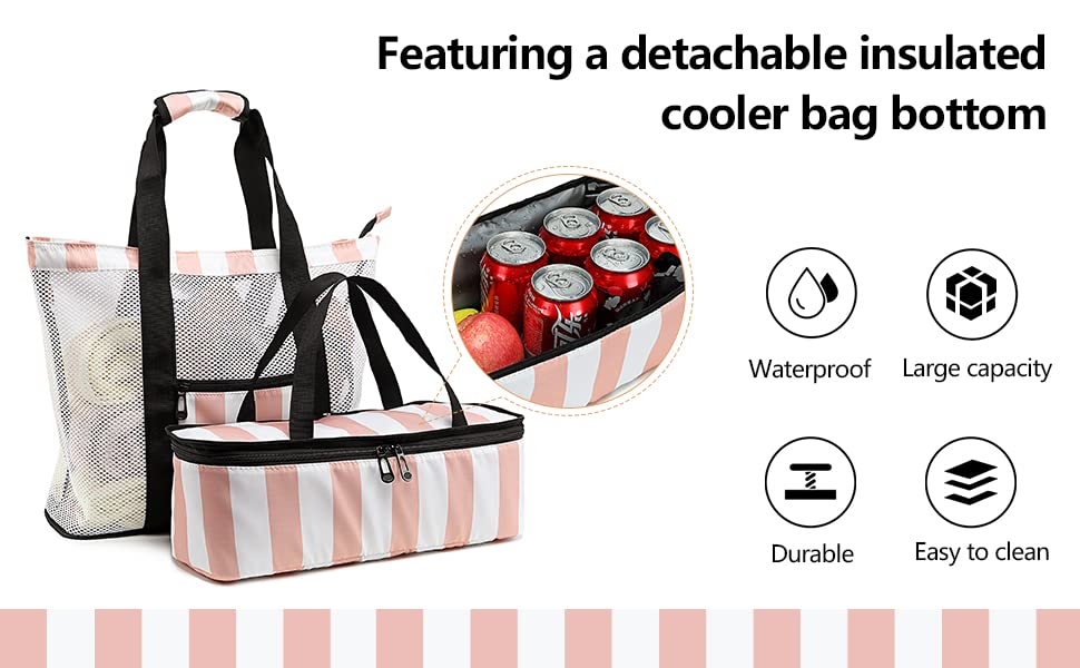 Bluboon Mesh Beach Tote Bag with Cooler Compartment Insulated Detachable Picnic Bag with Zipper and Pocket Pool Bag for Women