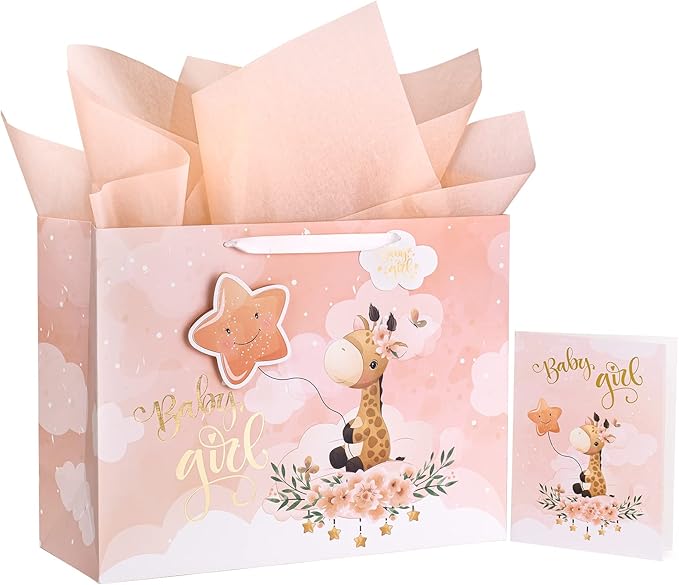 WRAPAHOLIC 16" Extra Large Baby Girl Gift Bag with Card and Tissue Paper - For Baby Shower, New Baby