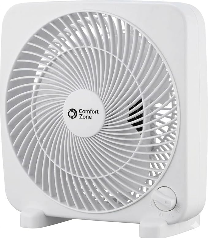 Comfort Zone 9-inch Portable Box Fan – Compact Desktop Cooling Fan with 3-Speeds, Quiet Operation, Built-in Carry Handle &...