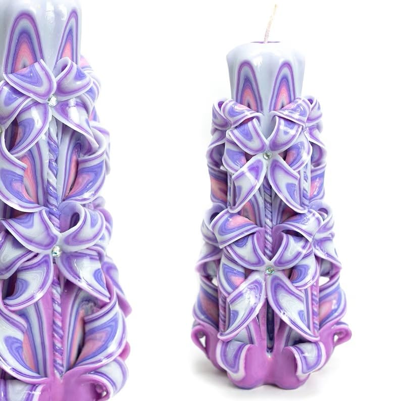 Carved Candle Artisan Handmade Decorative Dipped Candle 8 inch Pink Purple Fall Thanksgiving New Year Christmas Holiday Se...