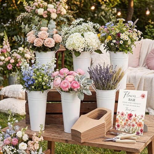 LEIFIDE Flower Bar Buckets Set Kit Bloom Bar Supplies Include Wood Sign Gift Bags Iron Bucket Garden Flower Shears for Wed...