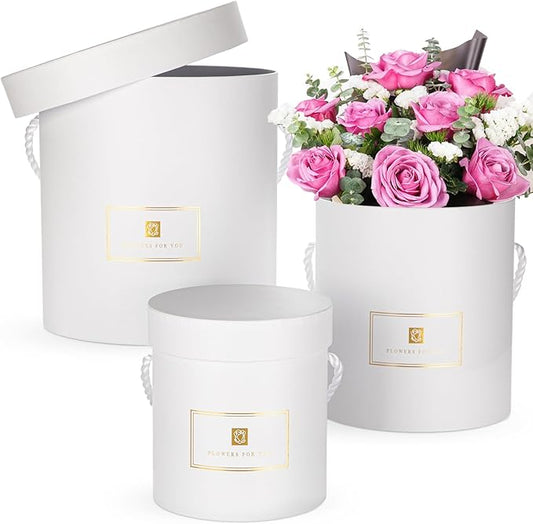Hollyone White Gift Box with Lids Set of 3 Round Nesting Gift Boxes Cylinder for Presents 3 Assorted Sizes Flowers Arrange...