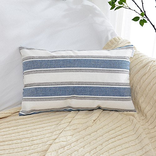 NATUS WEAVER Navy Pure White Stripe Pillow Cases Soft Linen Square Decorative Throw Cushion Cover Pillowcase with Hidden Z...