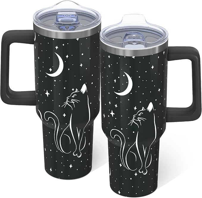 xspgrnm 40oz Black Cat Tumbler With handle, Halloween Goth Stainless Steel Leak Proof Travel Coffee Mug Cup Water Bottle T...
