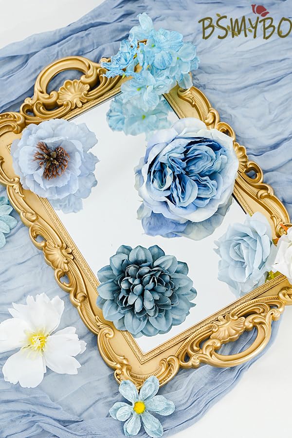 Artificial Blue Flowers Combo Box Set Baby Blue Rose Flowers Bulk Mix Dusty Blue Dahila Peonies Fake Silk Light Blue Flowe...