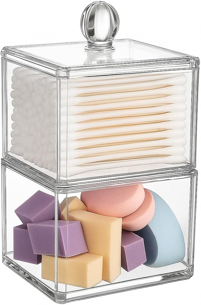 UShioart Stackable Square Acrylic Cotton Ball Holder Q-tip Holder Bathroom Swab Dispenser (Twin pack)