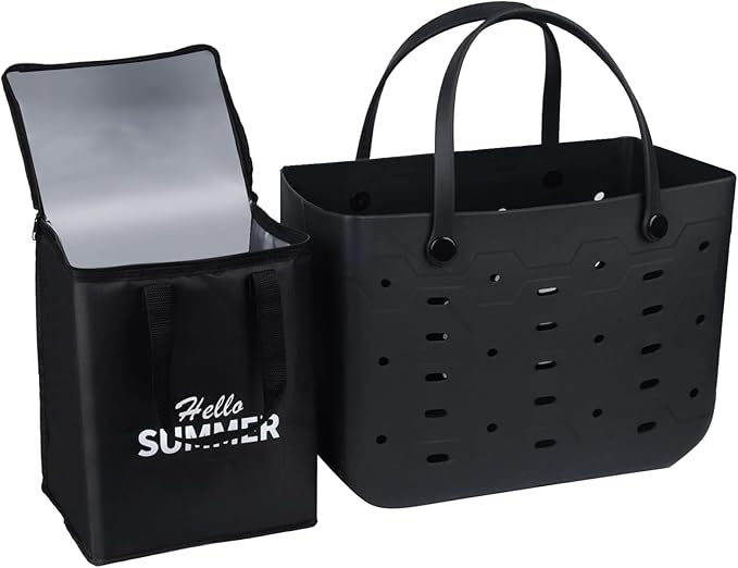 PoVwlty Rubber Beach Tote Bag with Insulated Cooler Bag, Waterproof Sandproof Pool Bag for Beach, Travel- Perfect for Summer