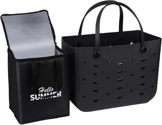 PoVwlty Rubber Beach Tote Bag with Insulated Cooler Bag, Waterproof Sandproof Pool Bag for Beach, Travel- Perfect for Summer