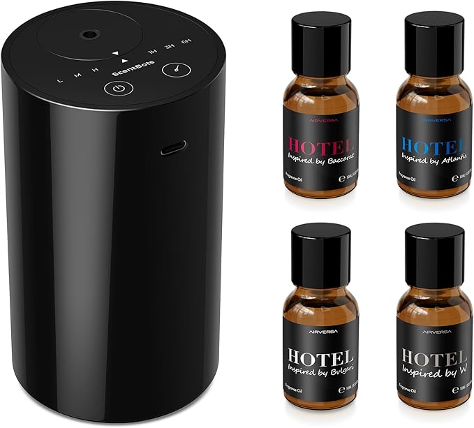 Scentbots Waterless Essential Oil Diffuser Starter Kit with 4 x 10mL Hotel Scent Fragrance Oils, Battery Operated Mini Sce...