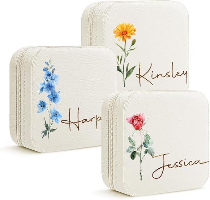 DayOfShe Personalized Travel Jewelry Box with Name and Birth Flower Bridesmaid Proposal Gifts,Personalized Mothers Gifts C...