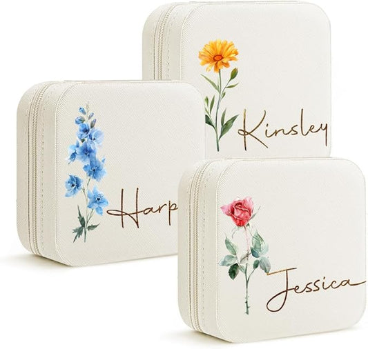 DayOfShe Personalized Travel Jewelry Box with Name and Birth Flower Bridesmaid Proposal Gifts,Personalized Mothers Gifts C...