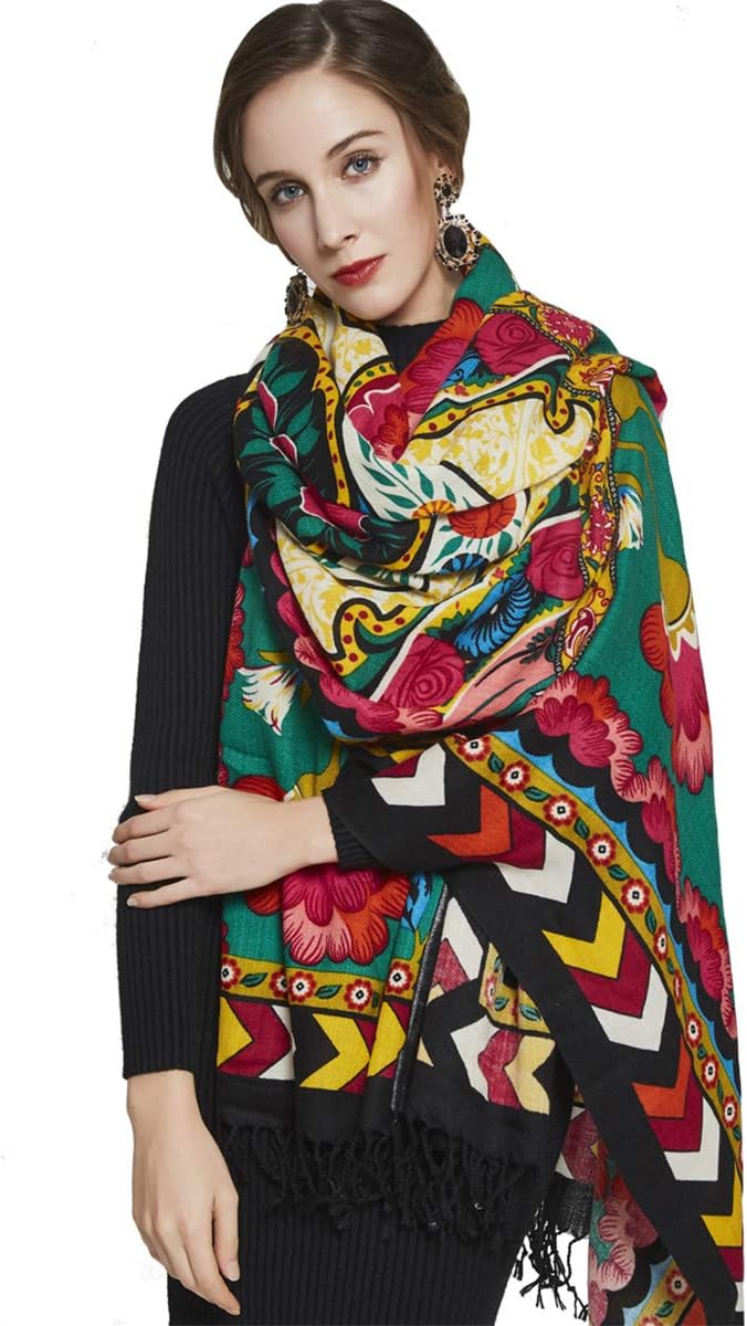 DANA XU 100% Merino Wool Pashmina Shawl for Women 96"x43", Oversized Cashmere Wrap with Tassels, Floral Travel Blanket Cape