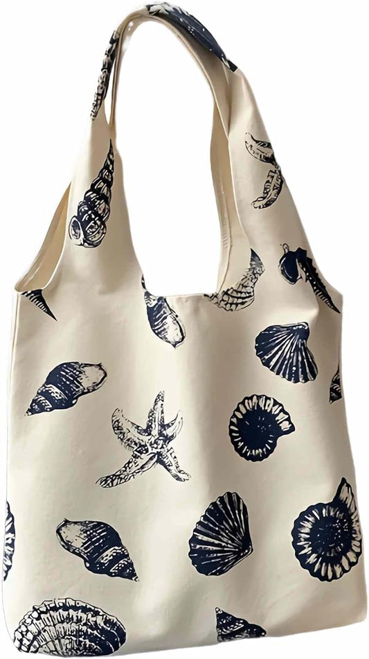 Beach Inspired Canvas Tote Bag For Women, Nautical Seashell And Starfish Print, Casual Shoulder Bag Aesthetic, Cute Small ...