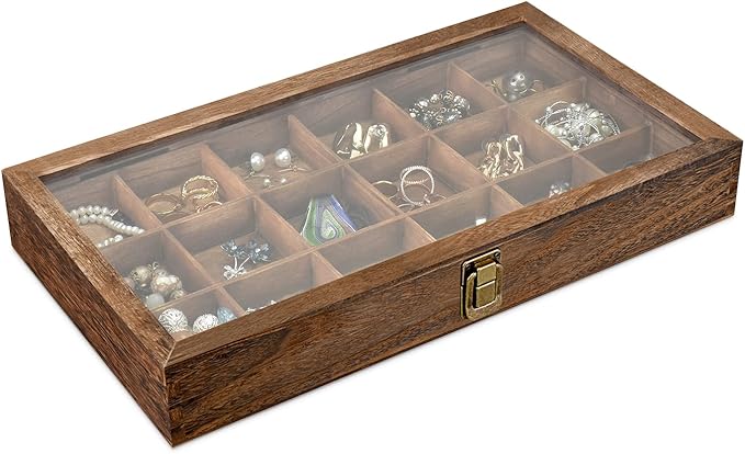 MOOCA Wooden Jewelry Display and Beads Display Storage Case with Tempered Glass Lid , 18 Compartments, 15" W x 8 3/8" L x ...