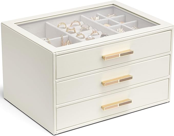 VLANDO Jewelry Box for Women, Glass Lid Jewelry Organizer with 3 Drawers for Necklaces Rings Earrings Bracelets Mother Day...