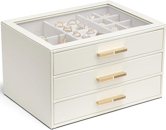 VLANDO Jewelry Box for Women, Glass Lid Jewelry Organizer with 3 Drawers for Necklaces Rings Earrings Bracelets Mother Day...
