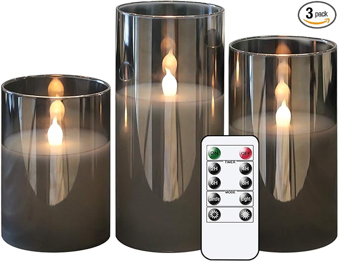 GenSwin Gray Glass Battery Operated Flameless Led Candles with 10-Key Remote and Timer, Real Wax Candles Warm White Flicke...