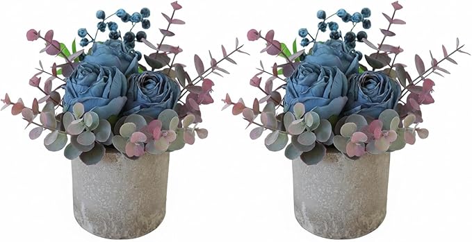 Rosscer Small Artificial 2pcs Burnt Blue Rose Potted Plant, 6" Fake Silk Flowers in 3" Cylindrical Pot, Mini Faux Floral A...