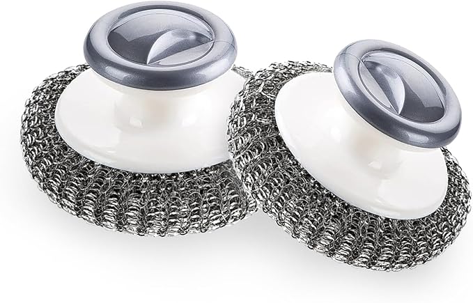 2Pcs Stainless Steel Scrubber with Handle, Steel Wool Scrubber Tool for Cleaning Dishes, Scrubbing Scouring Brush Pad for ...