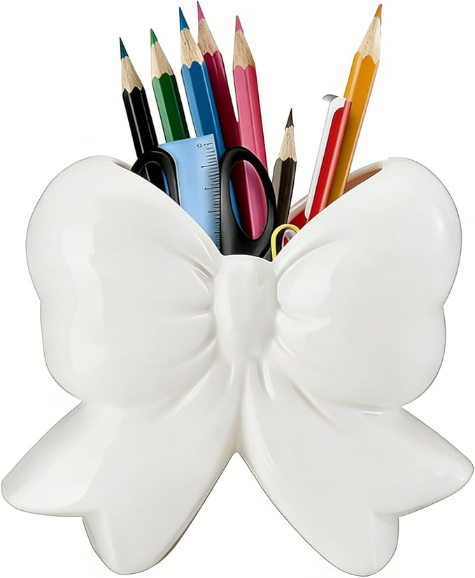 Bow Pen Holder for Desk, Coquette Ceramic Pencil Organizer Makeup Brush Holders with Bow, School Supplies Cute Office Deco...