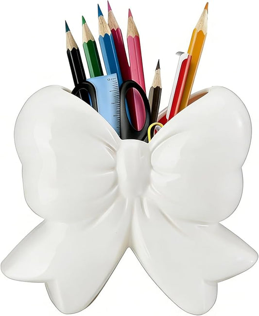Bow Pen Holder for Desk, Coquette Ceramic Pencil Organizer Makeup Brush Holders with Bow, School Supplies Cute Office Deco...
