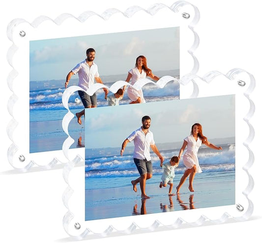 Novacrylion 2Pack Acrylic Magnetic Photo Frame 5x7 Inch - Sleek Scalloped Design, 10+10mm Thick Crystal Clear Block, Frees...