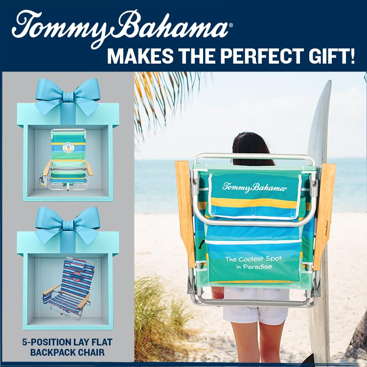 Tommy Bahama 5-Position Classic Lay Flat Backpack Cooler and Cup Holder Beach Chair, Portable Folding Beach Chair for Tann...