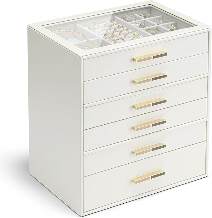 VLANDO 6-Drawer Jewelry Box with Glass Lid, Faux Leather Organizer for Rings Earrings Necklaces and More, Gift-Ready Jewel...