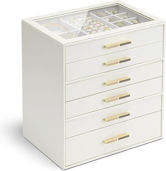 VLANDO 6-Drawer Jewelry Box with Glass Lid, Faux Leather Organizer for Rings Earrings Necklaces and More, Gift-Ready Jewel...