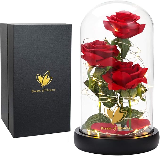 Dream of Flowers Mother Day Enchanted Red Gifts for Mom,Beauty and The Beast Rose in Glass Dome,Anniversary Rose Gifts for...