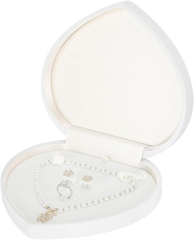 LETURE Large Jewelry Set Gift Box, Heart-Shaped Velvet Necklace Ring Earring Pearl Storage Organizer Holder Box (WHITE)
