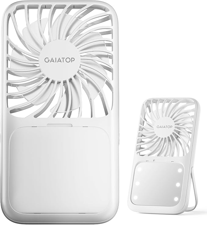 Gaiatop Portable Handheld Fan, 3 Speed LED Makeup Mirror with Light, Folding Stand for Desktop, Rechargeable Mini Personal...