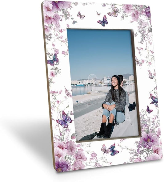 EDQAWN Floral Picture Frame, Purple Blossoms and Butterfly Design Picture Frames, Decorative Photo Frame for Tabletop Disp...