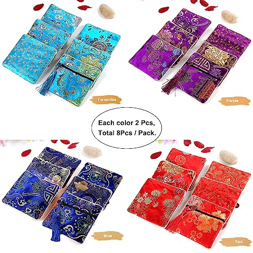 PINOWU 8pcs Silk Brocade Jewelry Bags with Zipper (11.5x11.5cm), Jewellery Silk Purse Pouch Gift Bags for Women Coins Trav...