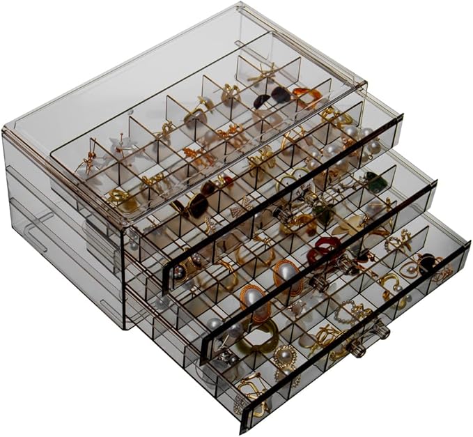 YUFONG Earring Storage Box Organizer 3 Drawers Acrylic Jewelry Storage Box Holder Transparent Jewelry Display Stand with 7...