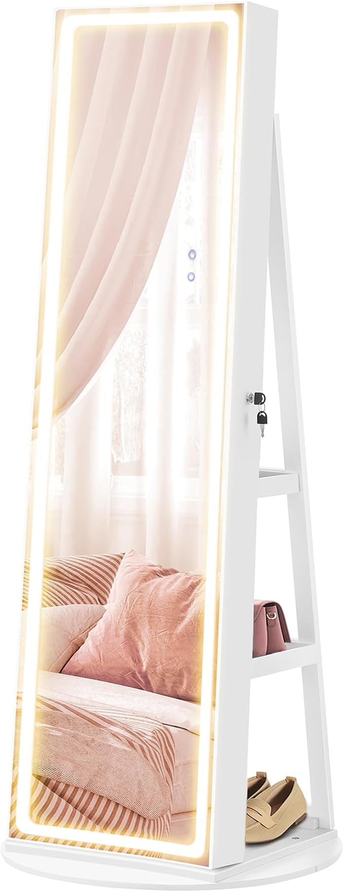 SONGMICS LED Jewelry Cabinet Standing, Lockable Armoire With Full-Length Mirror and Adjustable Lights, Space-Saving Organi...