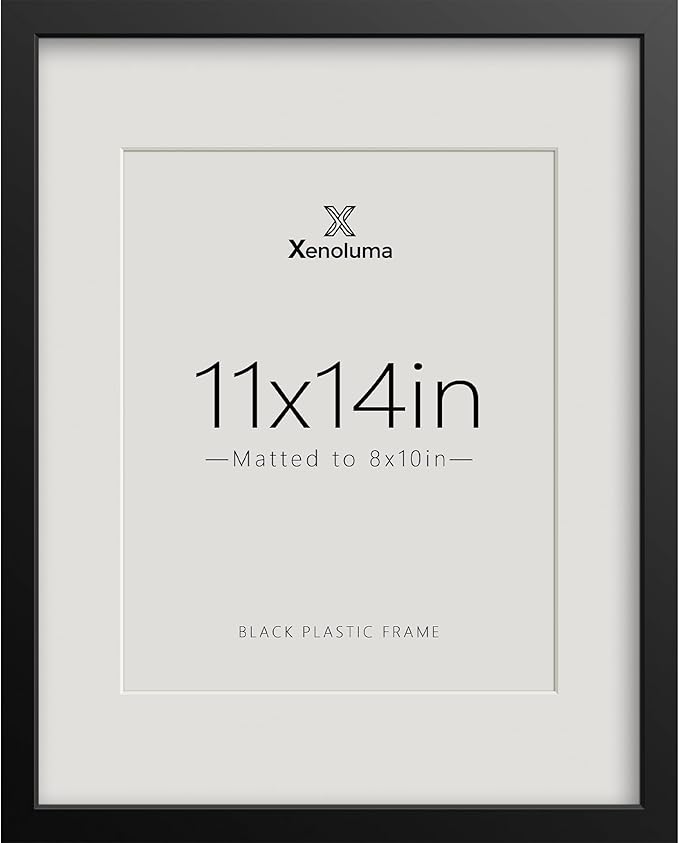 Xenoluma 11x14 Black Picture Frame with 8x10 Mat - Shatter Resistant HD Plexiglass, Wall Mount, Vertical Horizontal Displa...