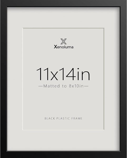 Xenoluma 11x14 Black Picture Frame with 8x10 Mat - Shatter Resistant HD Plexiglass, Wall Mount, Vertical Horizontal Displa...