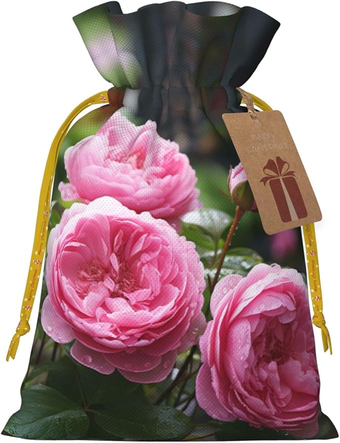 LHBZXMKJ Rose Flower Print Drawstring Present Bags Christmas gifts Wrapping Sacks Pouches for Xmas Party ﻿