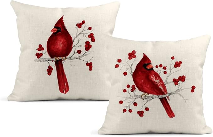 LOKMU Set of 2 Throw Pillow Covers Winter Christmas Cardinal Bird Red Berries Square Linen Home Decorative Cushion Covers ...