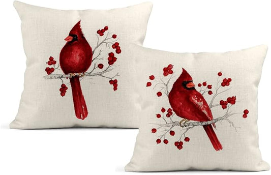 LOKMU Set of 2 Throw Pillow Covers Winter Christmas Cardinal Bird Red Berries Square Linen Home Decorative Cushion Covers ...