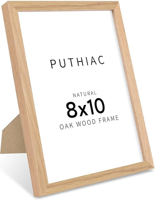 puthiac 8x10 Solid Oak Wood Picture Frame, Fits 6x8 with Mat or 8x10 Without Mat, Wall or Tabletop Display with Stand, Ver...