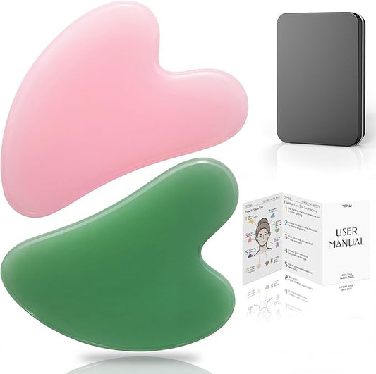 2PCS Gua Sha Facial Tools, Guasha Tool to Reduce Facial Puffiness & Tension, Lymphatic Drainage Massage Tool for Face, Nec...